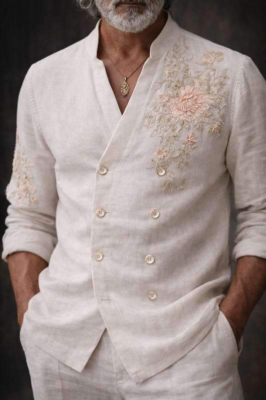 Ivory Hand Embroidered Khadi Linen Shirt Jacket
