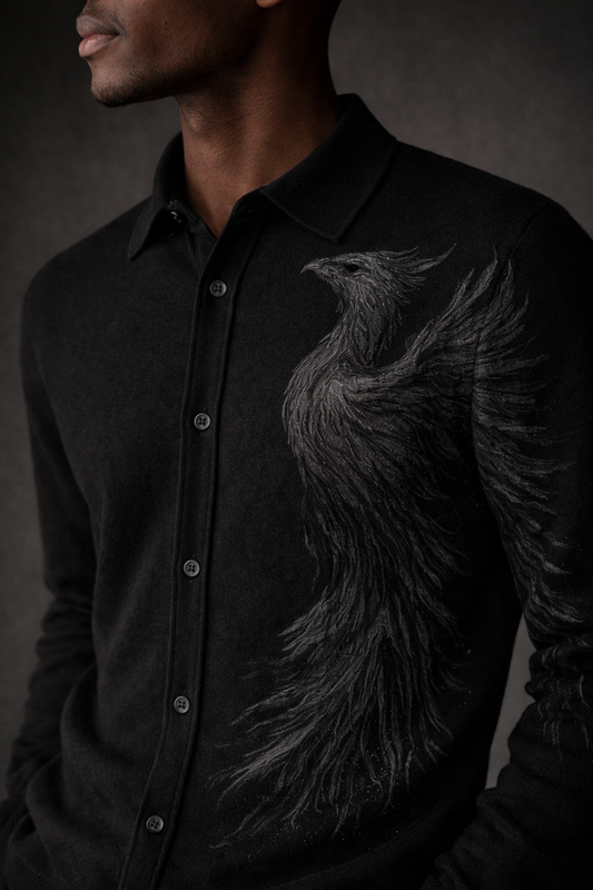 A black flat knit shirt featuring a tonal phoenix embroidery, designed with a full placket and refined structure for elevated everyday wear.